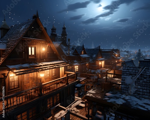 Christmas and New Year background with wooden houses in the village at night