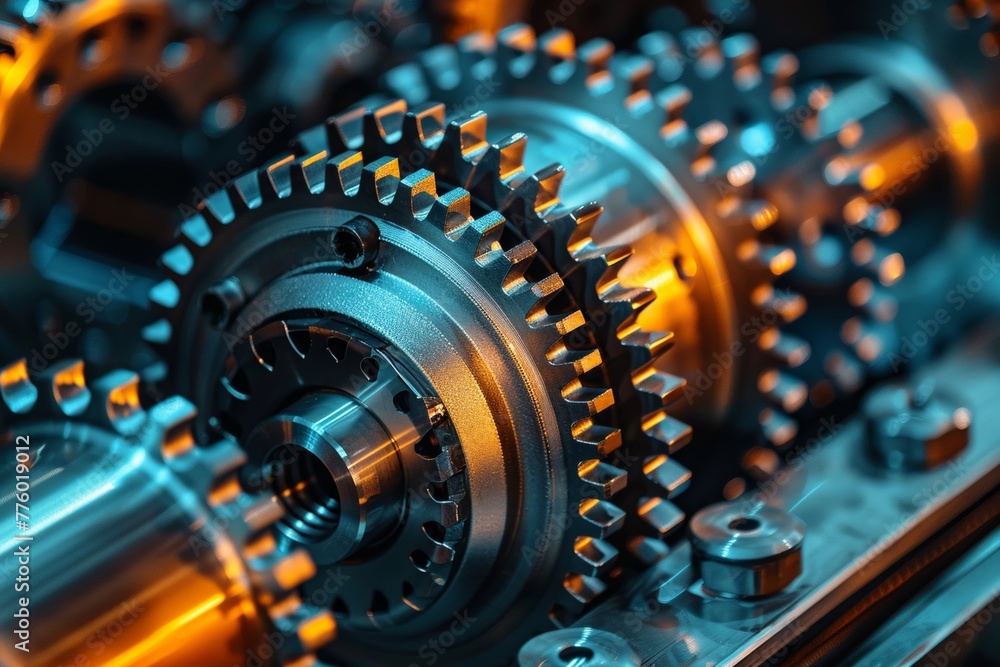 Detailed view of mechanical equipment and parts, intricate industrial layout, metallic surfaces, workshop setting Detailed view of mechanical equipment and parts, intricate industrial layout, metallic surfaces, workshop setting