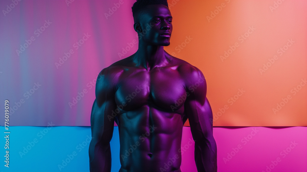 Captured in a moment of strength and vitality, an African American fitness model proudly showcases their well-defined abdominal Captured in a moment of strength and vitality, an African American fitness model proudly showcases their well-defined abdominal