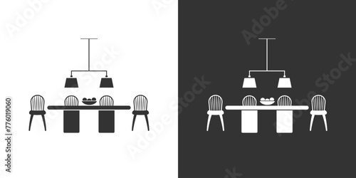 Table and chairs icon. Black and white version. Vector interior furniture flat icon
