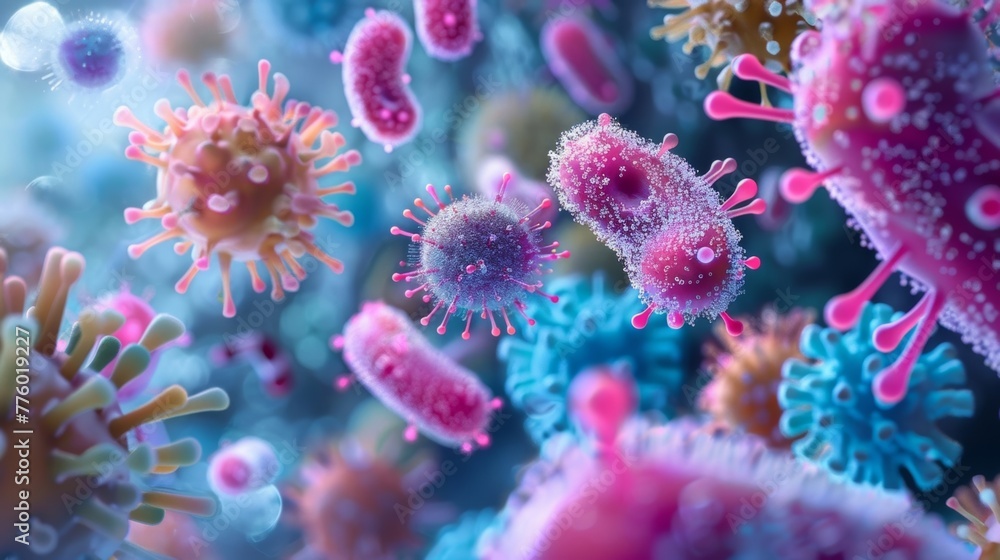 Fototapeta premium A detailed visualization showcasing the dynamic interactions between micronutrients and beneficial bacteria.