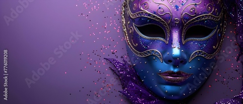 Vibrant Mardi Gras mask banner with elegant Venetian carnival masks on a violet background. Concept Mardi Gras, Venetian Carnival Masks, Banner, Violet Background, Elegant