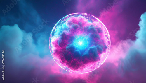 Round energy sphere in neon blue and pink clouds. Magical glowing ball. Abstract background.