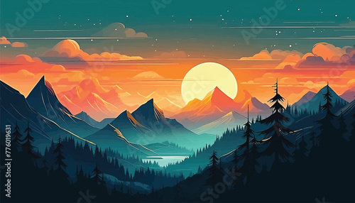 Scenic Sunrise Over Mountain Peaks: Flat Vector Landscape Illustration photo