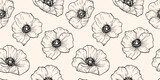 Elegant vector botanical seamless pattern. Stylish minimal black and white floral background. Ornament with simple outline flower silhouettes, poppies. Repeated design for decoration, textile, print