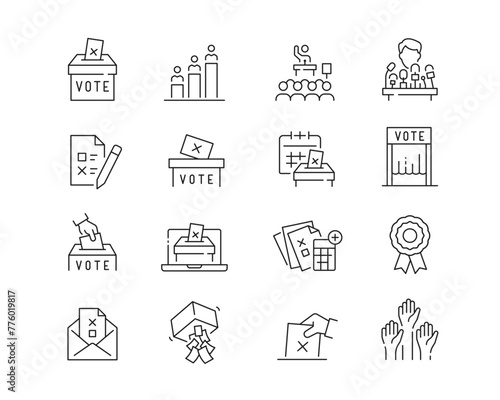 Politics and Voting Icon collection containing 16 editable stroke icons. Perfect for logos, stats and infographics. Edit the thickness of the line in Adobe Illustrator (or any vector capable app).
