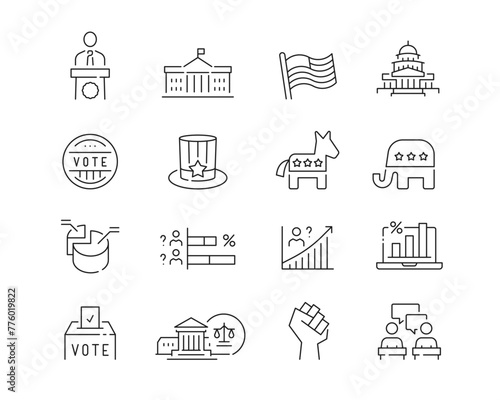 US politics and elections Icon collection containing 16 editable stroke icons. Perfect for logos, stats and infographics. Edit the thickness of the line in any vector capable app.