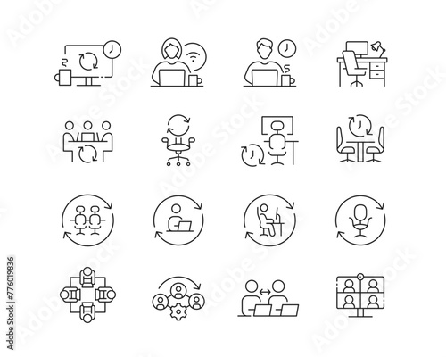 Hot desk and co-working Icon collection containing 16 editable stroke icons. Perfect for logos, stats and infographics. Edit the thickness of the line in Adobe Illustrator (or any vector capable app).