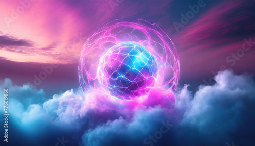Round energy sphere in neon blue and pink clouds. Magical glowing ball. Abstract background. photo