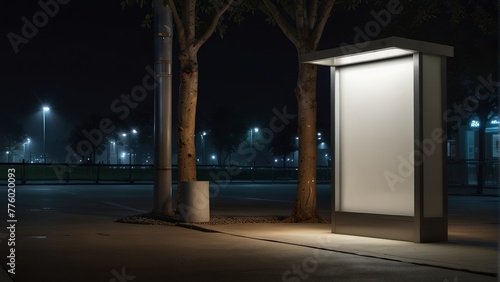 Blank white mock up of vertical light box in a bus stop at night