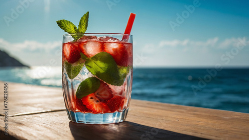 Cold refreshing mojito with slices of lime, mint, strawberries and pieces of ice with a red straw in the rays of the summer sun against the backdrop of the azure ocean photo