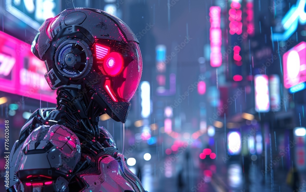 A sci-fi of a female robot wandering in a neon-lit cyberpunk city, showcasing the concept of artificial intelligence. A sci-fi of a female robot wandering in a neon-lit cyberpunk city, showcasing the concept of artificial intelligence.