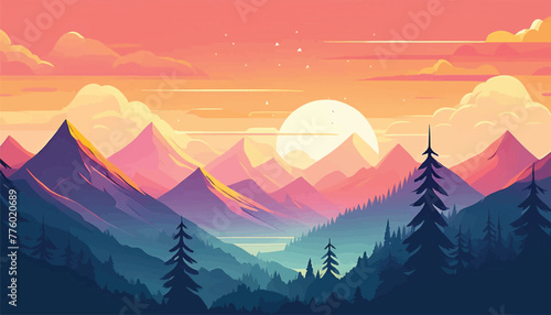 Scenic Sunrise Over Mountain Peaks: Flat Vector Landscape Illustration