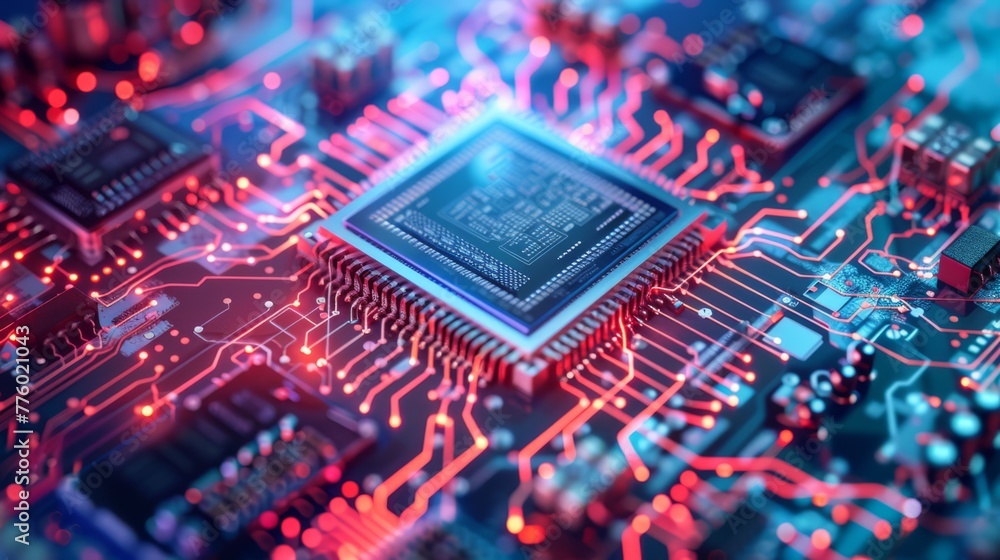 A close-up of a microprocessor, the central powerhouse of computing, on a detailed circuit board..