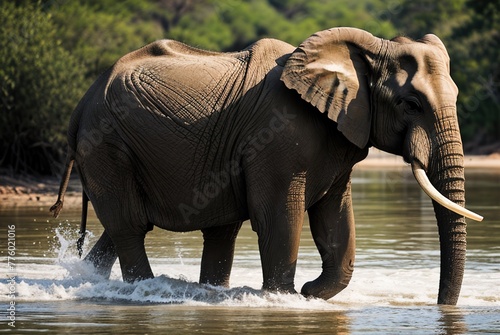 A big old elephant with big tusks swims in a pond on a hot sunny day in Africa. The elephant drinks water from the lake.