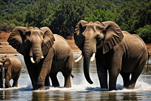An elephant family swims in a pond on a hot sunny day in Africa. Elephants drink water from the lake. African nature with wild animals.