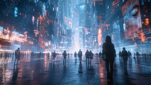 Pedestrians walk through a high-tech city corridor glowing with holographic screens and futuristic lights, portraying a cyberpunk vibe..
