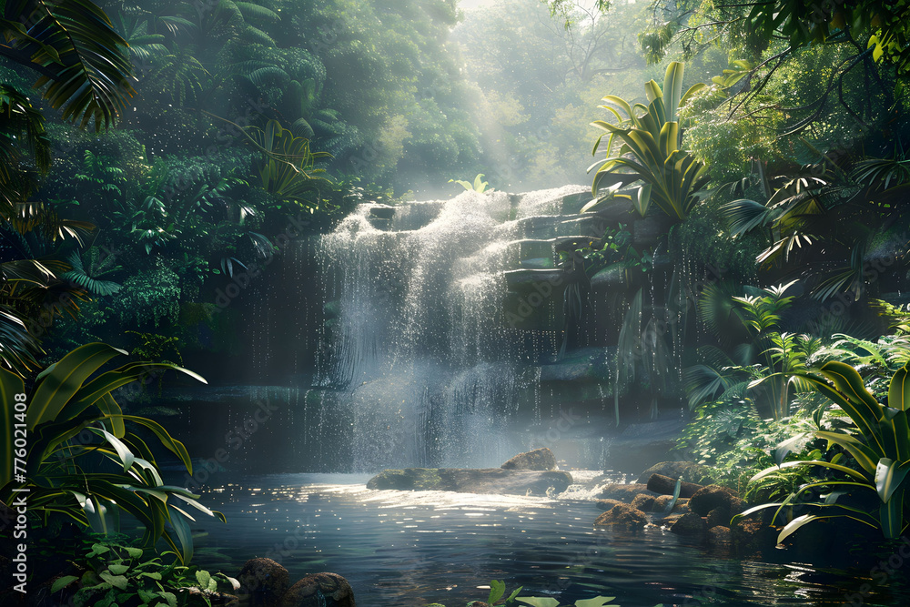 Waterfall in the forest - Enchanting hidden waterfall in a lush tropical jungle - Generated By AI Waterfall in the forest - Enchanting hidden waterfall in a lush tropical jungle - Generated By AI