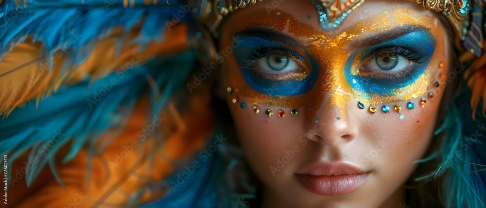 Vibrant carnival mask with feathers painted face and Mardi Gras written on the side multiple times. Concept Mardi Gras, Carnival Mask, Feathers, Vibrant Colors, Painted Face