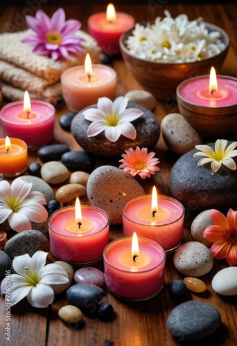 A tranquil spa treatment room is adorned with flickering candles