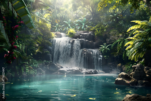 Waterfall in the forest - Enchanting hidden waterfall in a lush tropical jungle - Generated By AI