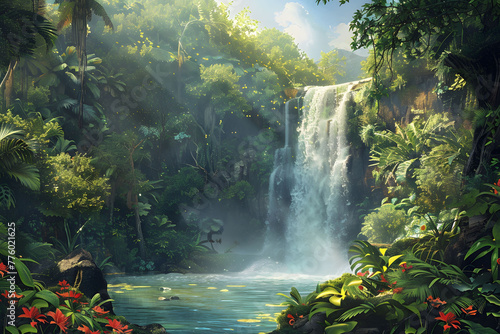 Waterfall in the forest - Enchanting hidden waterfall in a lush tropical jungle - Generated By AI photo