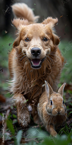 Dog with Rabbit Playing and Running towards the Camera