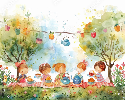 A whimsical watercolor illustration of a group of children having a magical tea party with whimsical teapots and delicious treats