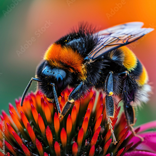 Bee on flower, macro shot, ecological theme, contestwinning quality, UHD 8k, creative commons, crystalclear detail, vibrant colors