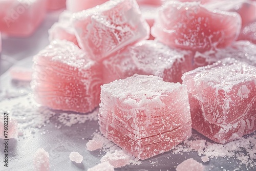 Close-up of a piece of Turkish delight emphasizing the dusted sugar and delicate