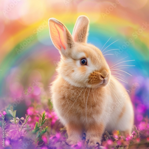 Photo of fluffy rabbit under a vivid rainbow, soft neutral background, 8k, AR 45, crystalclear image, pure and detailed © Krungpol