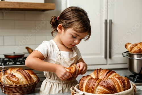 Portrait of a cute little girl in an apron in the kitchen with freshly baked croissants.