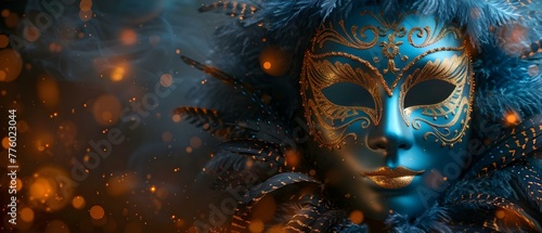 Venetian carnival mask with feathers and gold details against a dark background evoking a festive and mysterious atmosphere. Concept Venetian Carnival, Mask with Feathers, Gold Details © Anastasiia