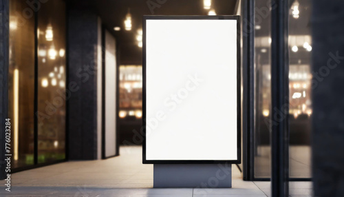 White screen isolated mockup, billboard on a shop entrance. Night shot. Dark background. Blank space for your design. Illustration.
