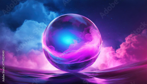 Abstract round energy sphere with moving liquid against dark neon purple blue clouds. Magical ball