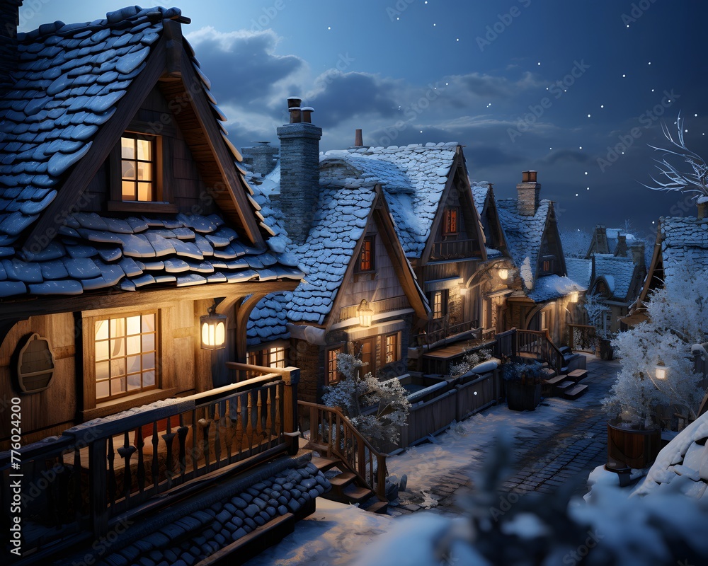 Winter village at night with snow and snowflakes. 3d rendering