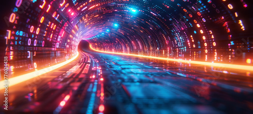 Big Data technology visualization in a form of digital tunnel. Neon Glowing Flow of data. Cyberspace background in a cyberpunk style. © Valeriy