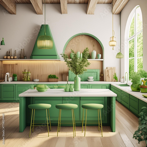 Warm green kitchen with sink, table, chairs, white parquet, shelves with dishes, 3d rendering