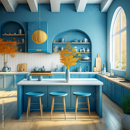 Warm blue kitchen with sink, table, chairs, white parquet, shelves with dishes. 3d rendering