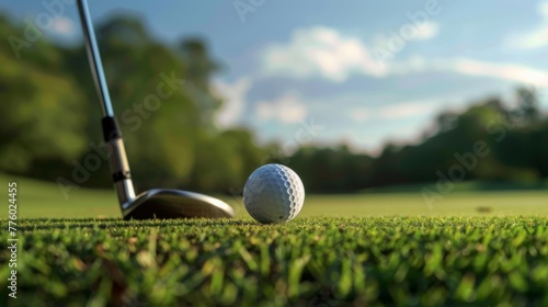 Golf club and golf ball on the grass. Green golf course. Golfer's feet
