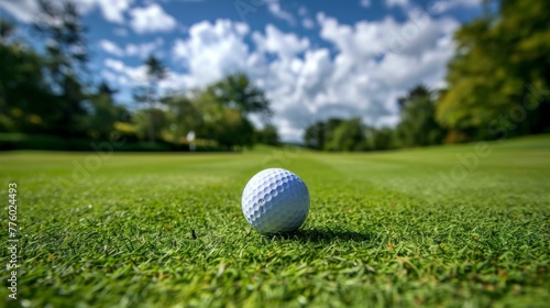 Golf ball on the grass on the golf course. Golf club