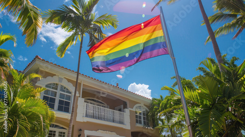 Rainbow flag as a symbol of tolerance and acceptance. LGBT community in front of the house against the backdrop of palm trees. Human rights, equality, LGBT. Copy space