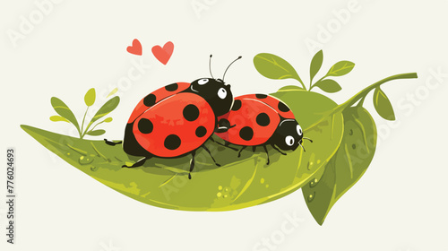 Two ladybugs on green leaf on white background illu