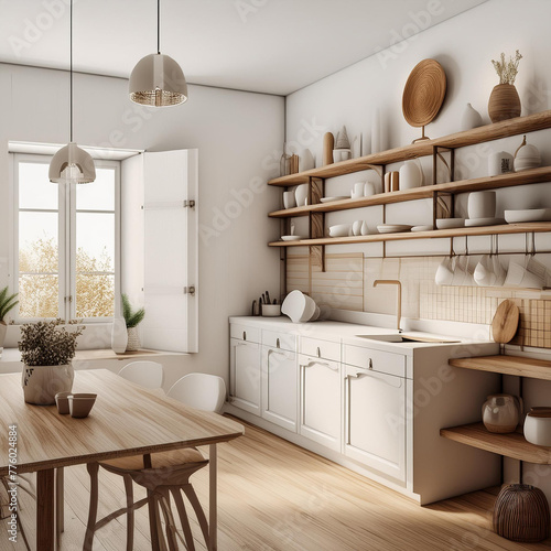 Warm white kitchen with sink, dishes hanging on the wall, parquet table and chairs, 3d rendering