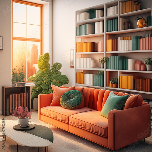 Warm interior design, inviting apartment aesthetic, bookcase, sofa carpet, 3d rendering 