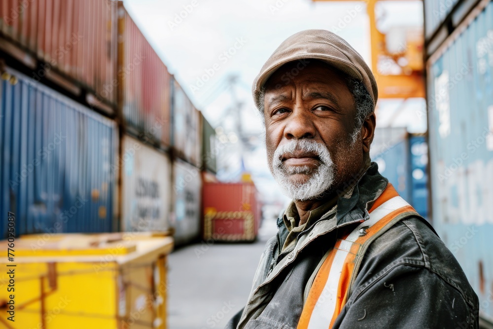black senior male African American dock worker standing outside shipping container port warehouse, global trade and shipping industry black senior male African American dock worker standing outside shipping container port warehouse, global trade and shipping industry