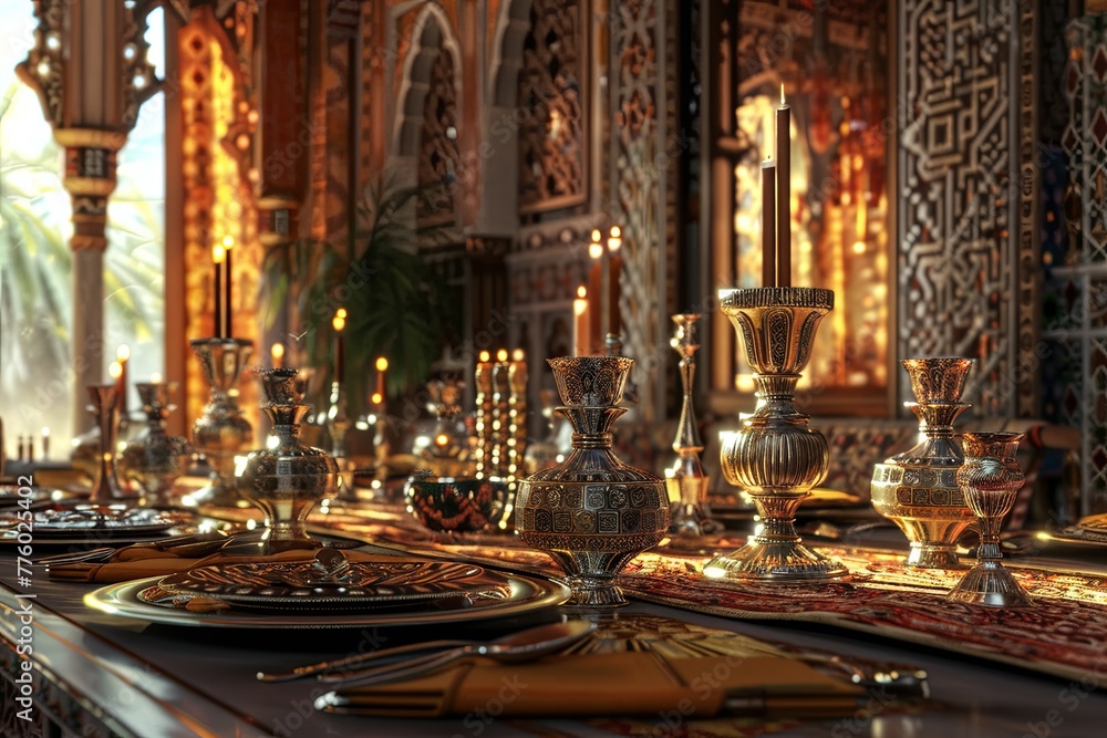 3D rendering of a luxurious Middle Eastern dining setting 3D rendering of a luxurious Middle Eastern dining setting