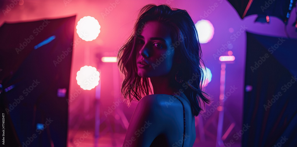 Young woman standing in front of a dark background with pink and blue lights shining on her. She is looking at the camera with a serious expression