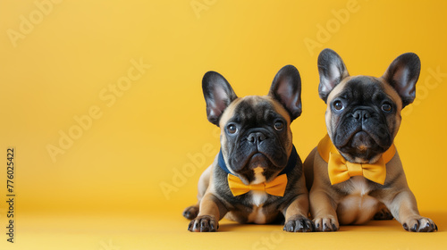 Two adorable french bulldog puppies wearing yellow bow ties on yellow background photo