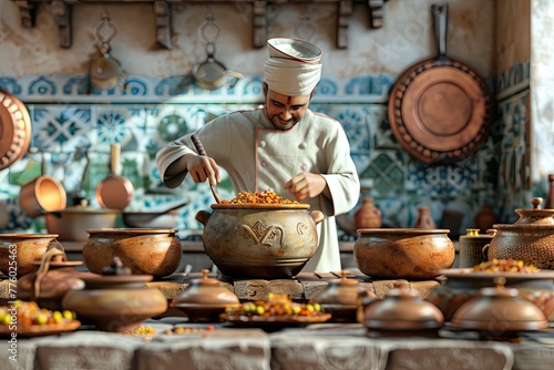 3D rendering of an Indian kitchen scene with a chef preparing biryani in a traditional clay pot